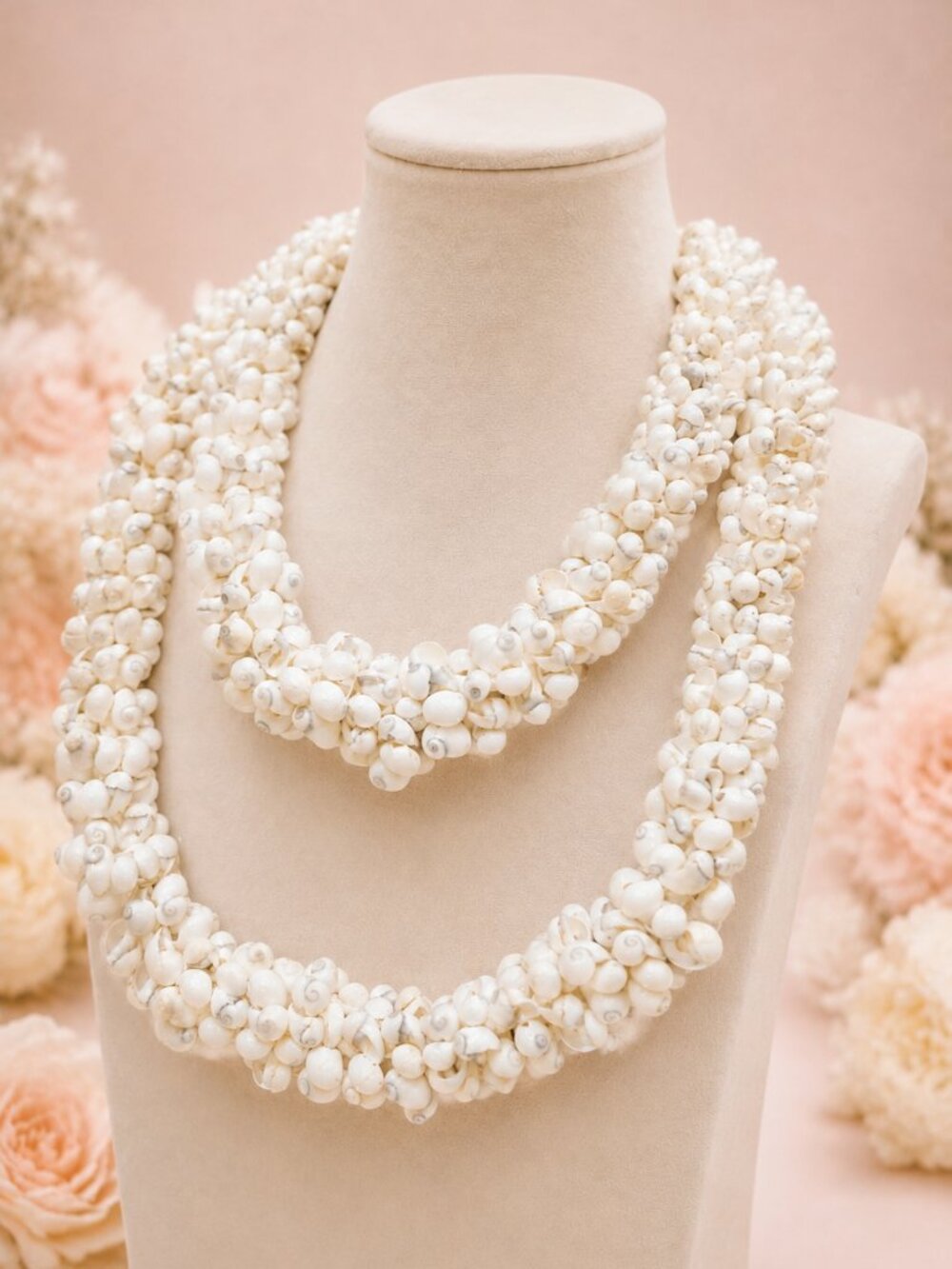 Extra-Long White Shell Cluster Statement Necklace